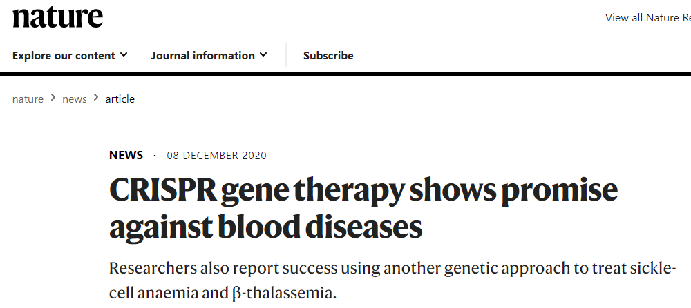 CRISPR-Cas9 gene editing is expected to treat sickle cell anemia and β-thalassemia