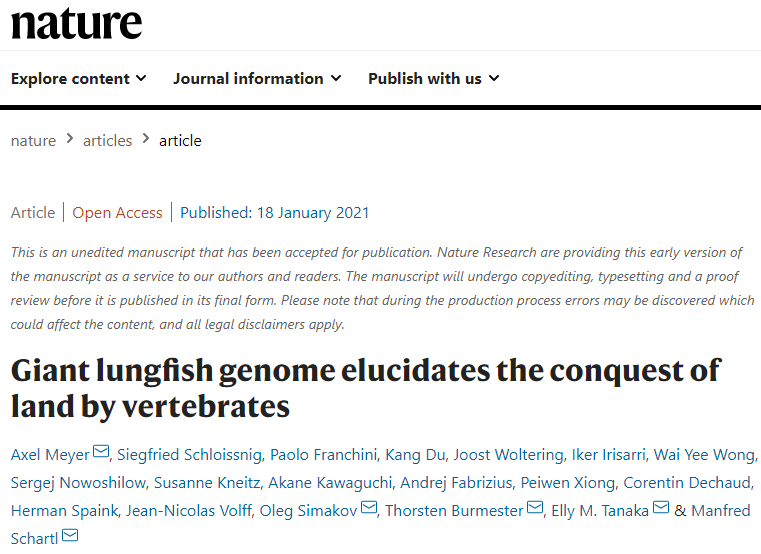 Nature: The evolution mechanism from fish to human. Nature | Great Discovery! The genome of the human relative of lungfish is resolved: the evolution mechanism from fish to human is revealed for the first time.