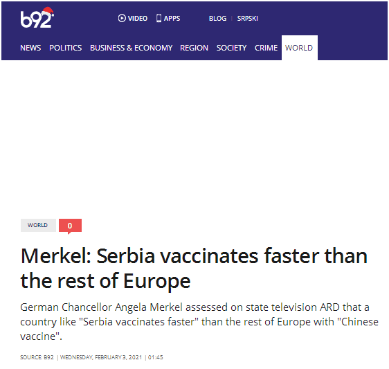 Merkel: Serbia vaccinates faster than the rest Europe due to Chinese COVID-19 vaccine