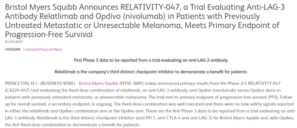 Metastatic melanoma: LAG-3 antiboy reached the primary endpoint of PFS?