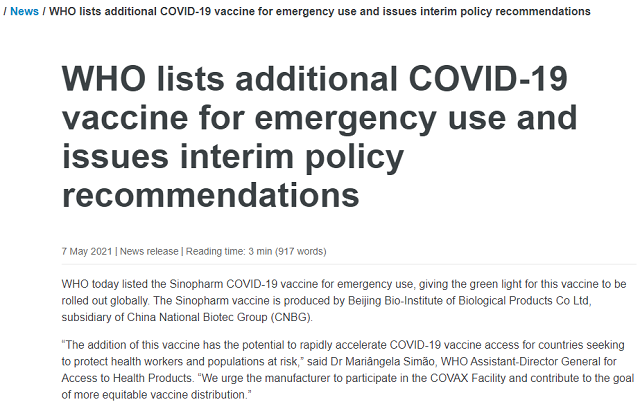 WHO has included SINOPHARM Covid-19 vaccine in the "emergency use list"