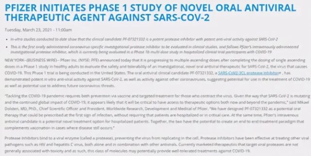 Pfizer started trials of oral medicine for prevention of COVID-19 infection