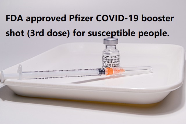 FDA approved Pfizer COVID-19 booster shot (3rd dose) for susceptible people. 