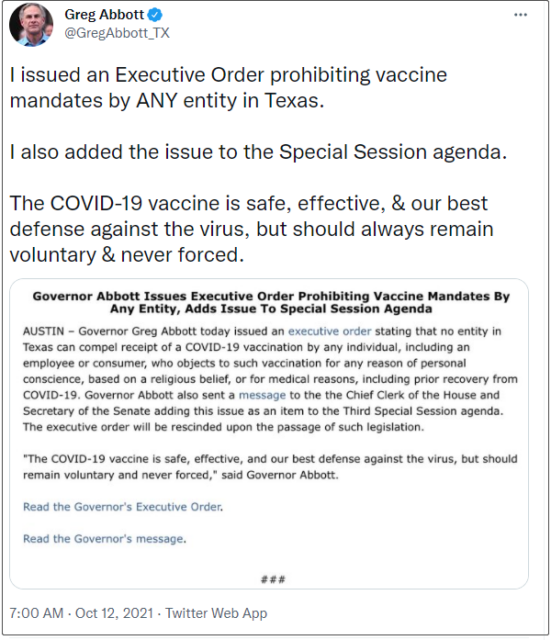 Governor of Texas: No company can force employees to be COVID-19 vaccinated