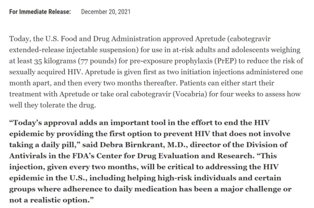 FDA approved the first injectable treatment for HIV/AIDS prevention!