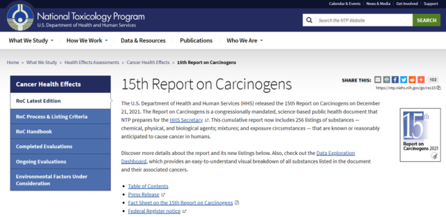 U.S. Health and Human Services (HHS) released the 15th Report on Carcinogens