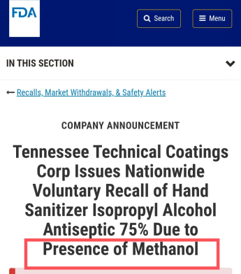 FDA issued a recall announcement for hand sanitizer with methanol!