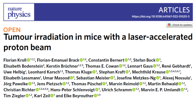 Nature Physics: Laser-accelerated proton beam irradiation for tumor therapy.