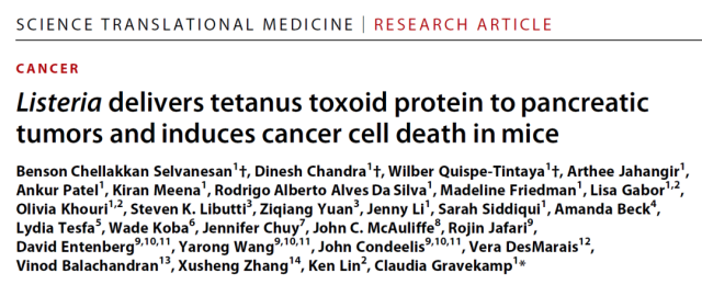 Science Translational Medicine: Modifying bacteria to express tetanus toxin saves deadly pancreatic cancer