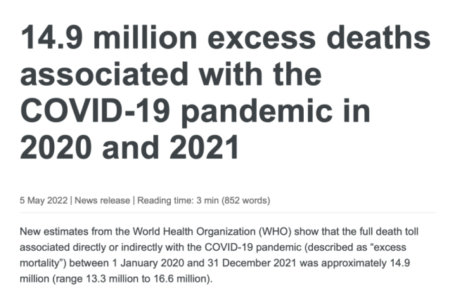 WHO says global death toll from COVID-19 is approaching 15 million