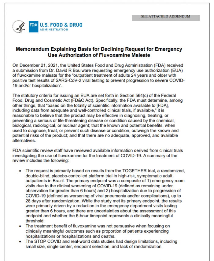 FDA rejects emergency use authorization for fluvoxamine: Ineffective in treating COVID-19