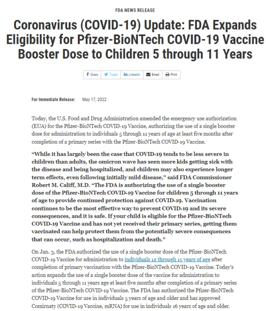 FDA authorizes booster shot of Pfizer COVID-19 vaccine for children ages 5 to 11