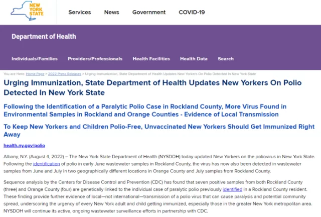 New York state health officials urge people to get vaccinated after polio virus detected in sewage