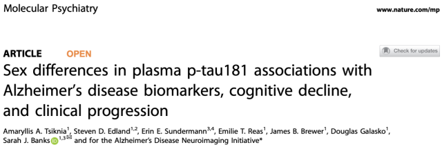 Molecular Psychiatry: Blood tests for Alzheimer's disease are different for men and women!