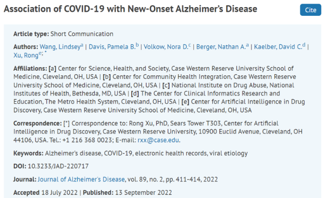 The risk of Alzheimer's disease increases by 50-80% within a year after COVID-19 infection