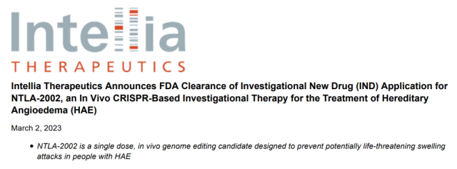 Milestone: FDA approves first human clinical trial of LNP-delivered in vivo CRISPR gene editing