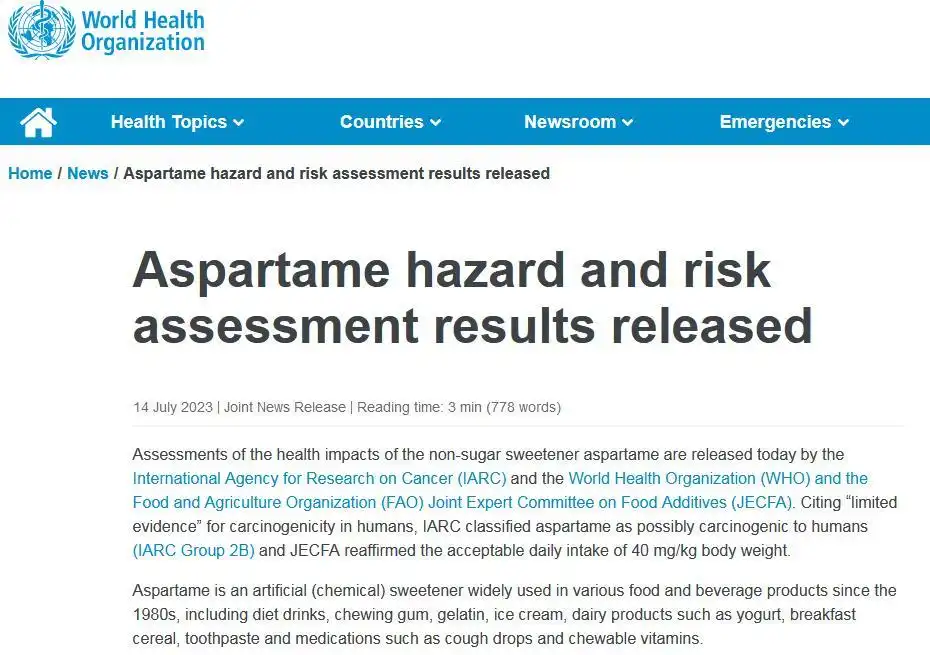 WHO: Aspartame may be carcinogenic but relatively safe within a daily intake of 40mg/kg