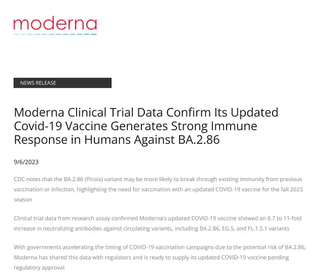 Moderna: XBB.1.5 version of COVID-19 vaccine can produce strong immune response against BA.2.86 variant