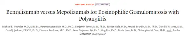 Benralizumab Shows Non-Inferiority to Mepolizumab in Treating EGPA. 59% of patients relieved, AstraZeneca monoclonal antibody Phase 3 trial featured in NEJM