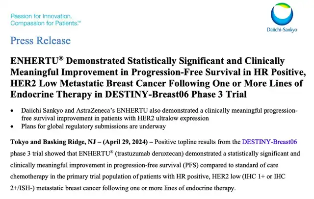 Daiichi Sankyo/AstraZeneca's Enhertu Shows Positive Results in Phase III DESTINY-Breast06 Clinical Trial
